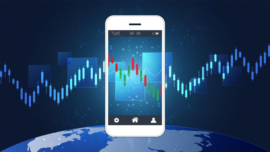 Concetto di trading azionario mobile con candlestick e grafici grafici finanziari sullo schermo. vettore