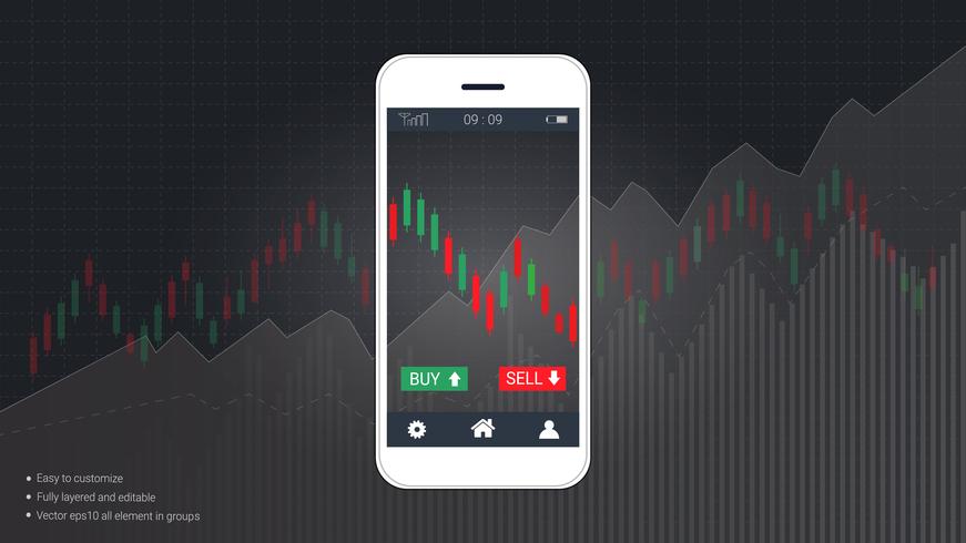 Concetto di trading azionario mobile con candlestick e grafici grafici finanziari sullo schermo. vettore