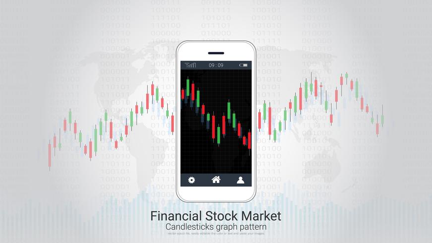 Concetto di trading azionario mobile con candlestick e grafici grafici finanziari sullo schermo. vettore