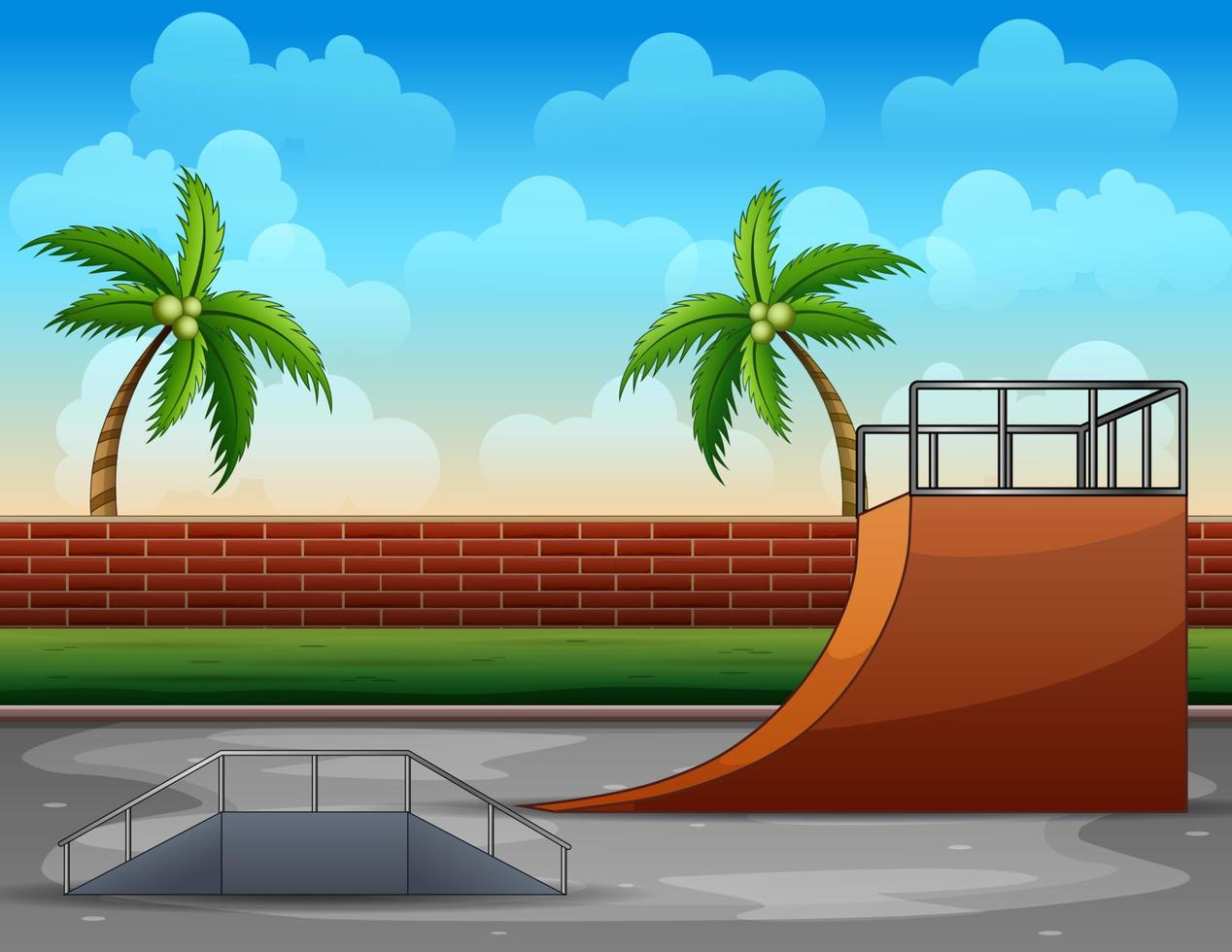 cartone animato di skatepark con muro di mattoni vettore
