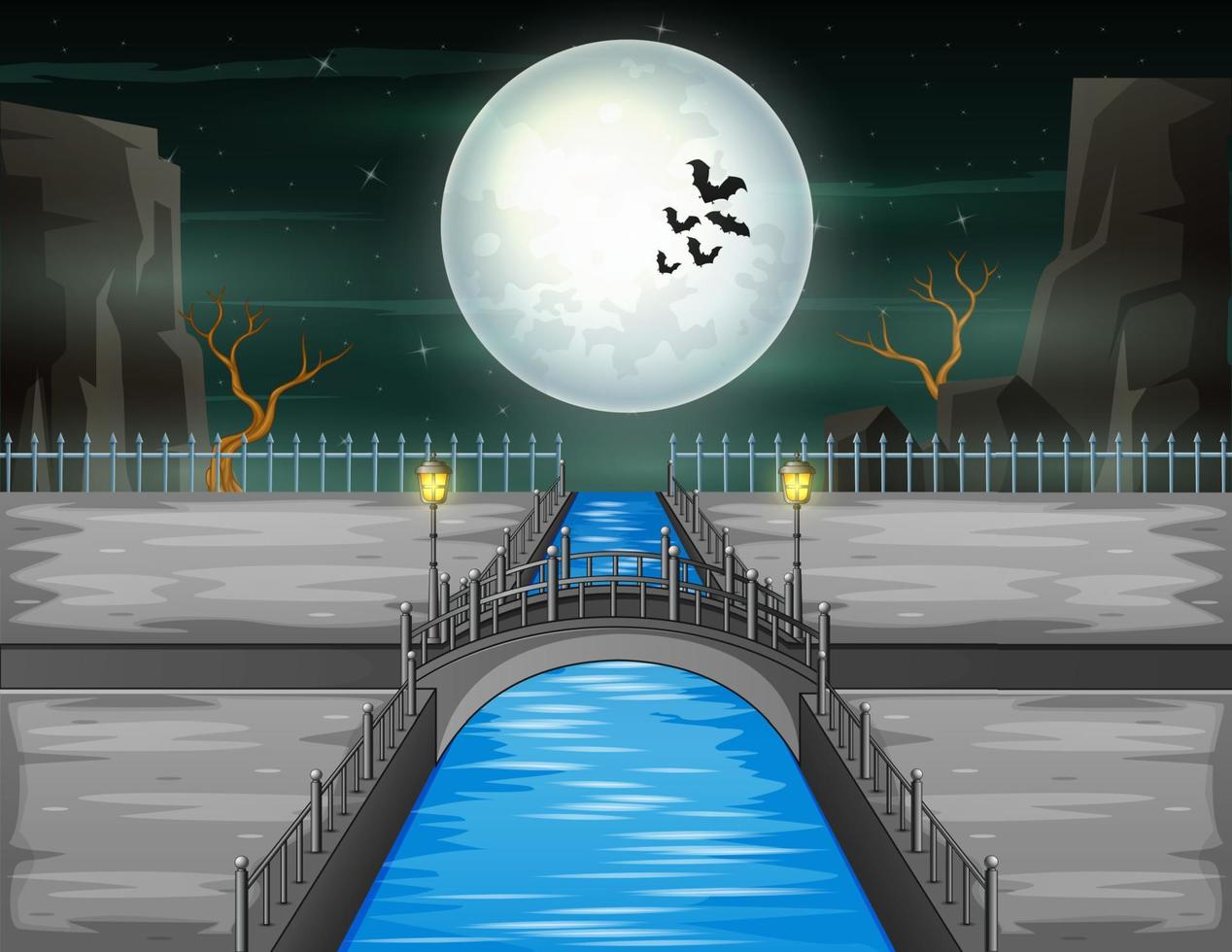 ponte ad arco con sfondo di luna piena vettore