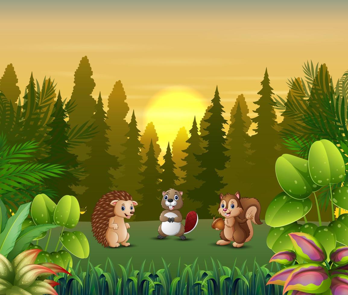 cartone animato di animali che giocano al paesaggio del tramonto vettore
