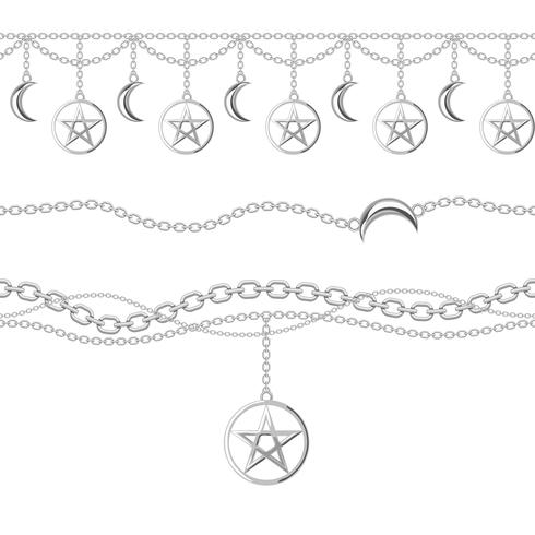 Set collezione di bordi catena argento metallizzato con pendente pentagramma e luna. Su bianco Illustrazione vettoriale