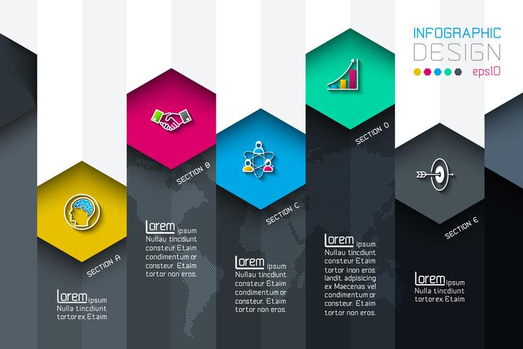 Le etichette della rete di esagono di affari modellano infographic con fondo scuro. vettore