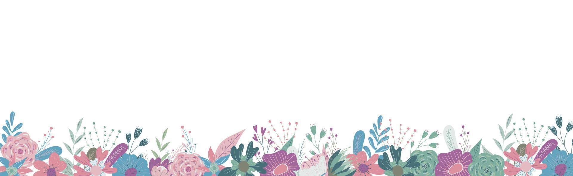 fiori selvatici e da giardino in fiore. elementi decorativi di design floreale. illustrazione del fumetto piatto. striscione vettore