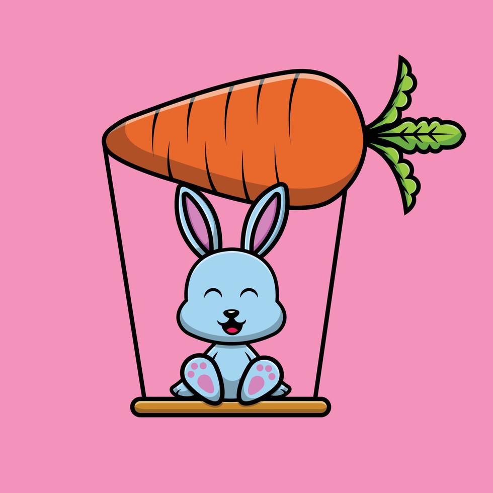 carino coniglio altalena su carota cartone animato icona vettore illustrazione. concetto di icona della natura animale isolato vettore premium. stile cartone animato piatto