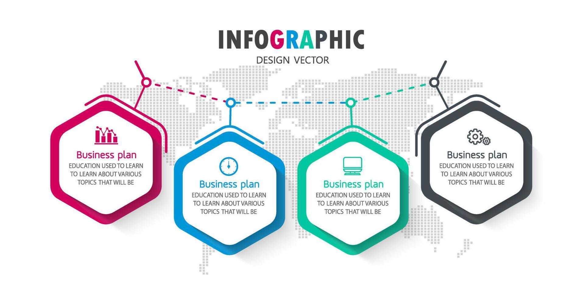 idea di business di presentazione modello infografica timeline con icone, opzioni o passaggi. le infografiche per idee di business possono essere utilizzate per dati grafici, diagrammi di flusso, siti Web, banner. vettore