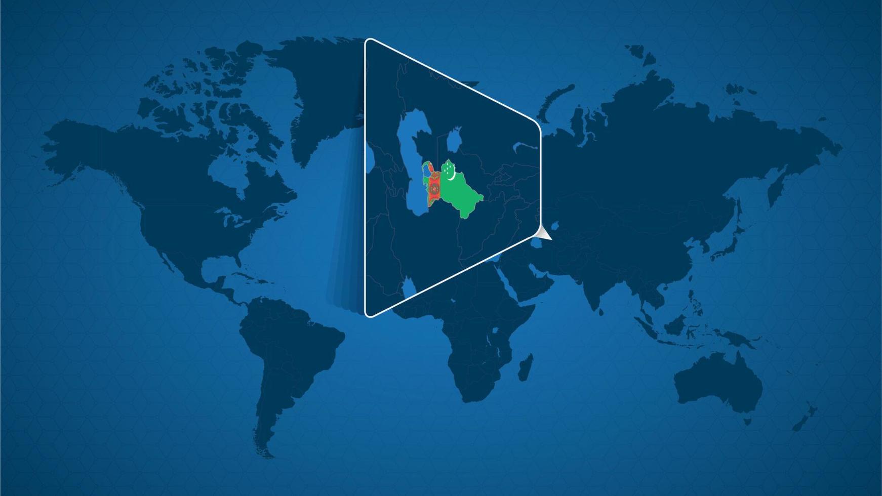 mappa del mondo dettagliata con mappa ingrandita appuntata del turkmenistan e dei paesi vicini. vettore