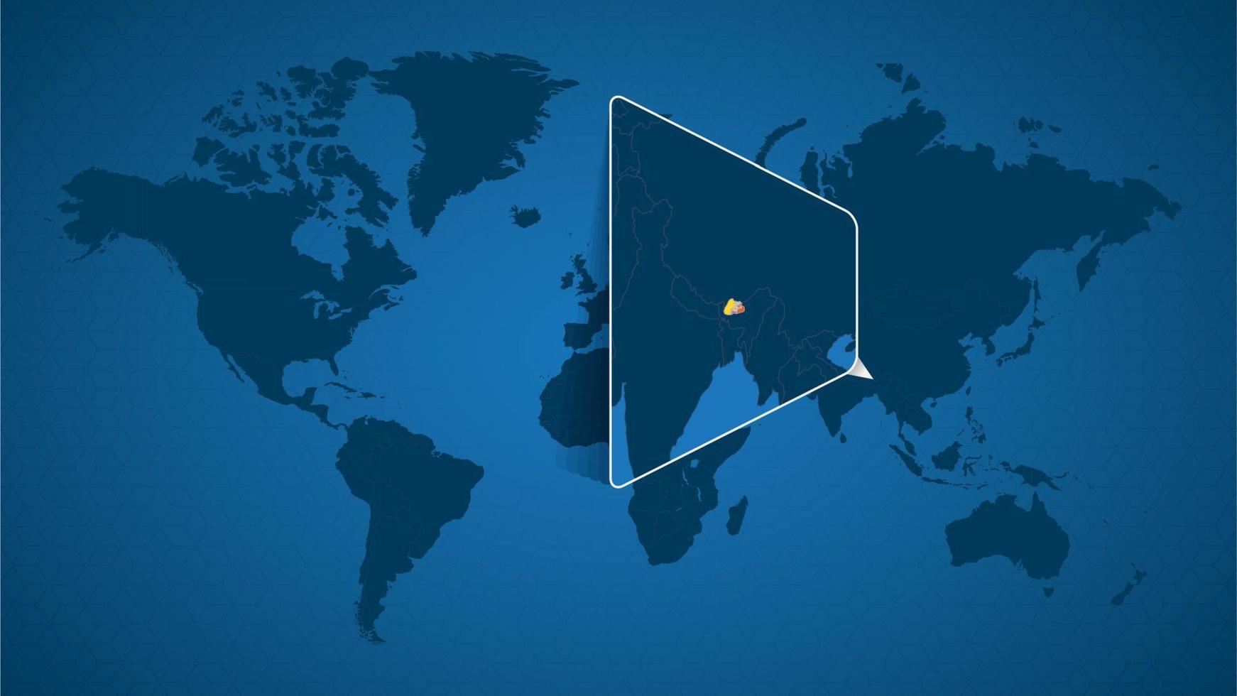 mappa del mondo dettagliata con mappa ingrandita appuntata del bhutan e dei paesi vicini. vettore