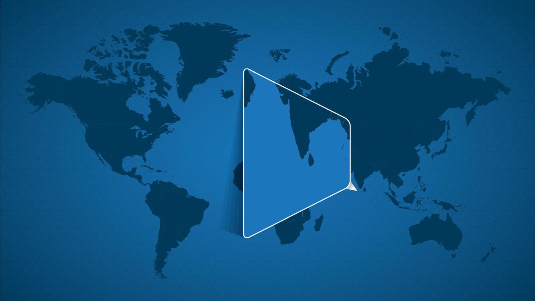 mappa del mondo dettagliata con mappa ingrandita appuntata delle Maldive e dei paesi vicini. vettore