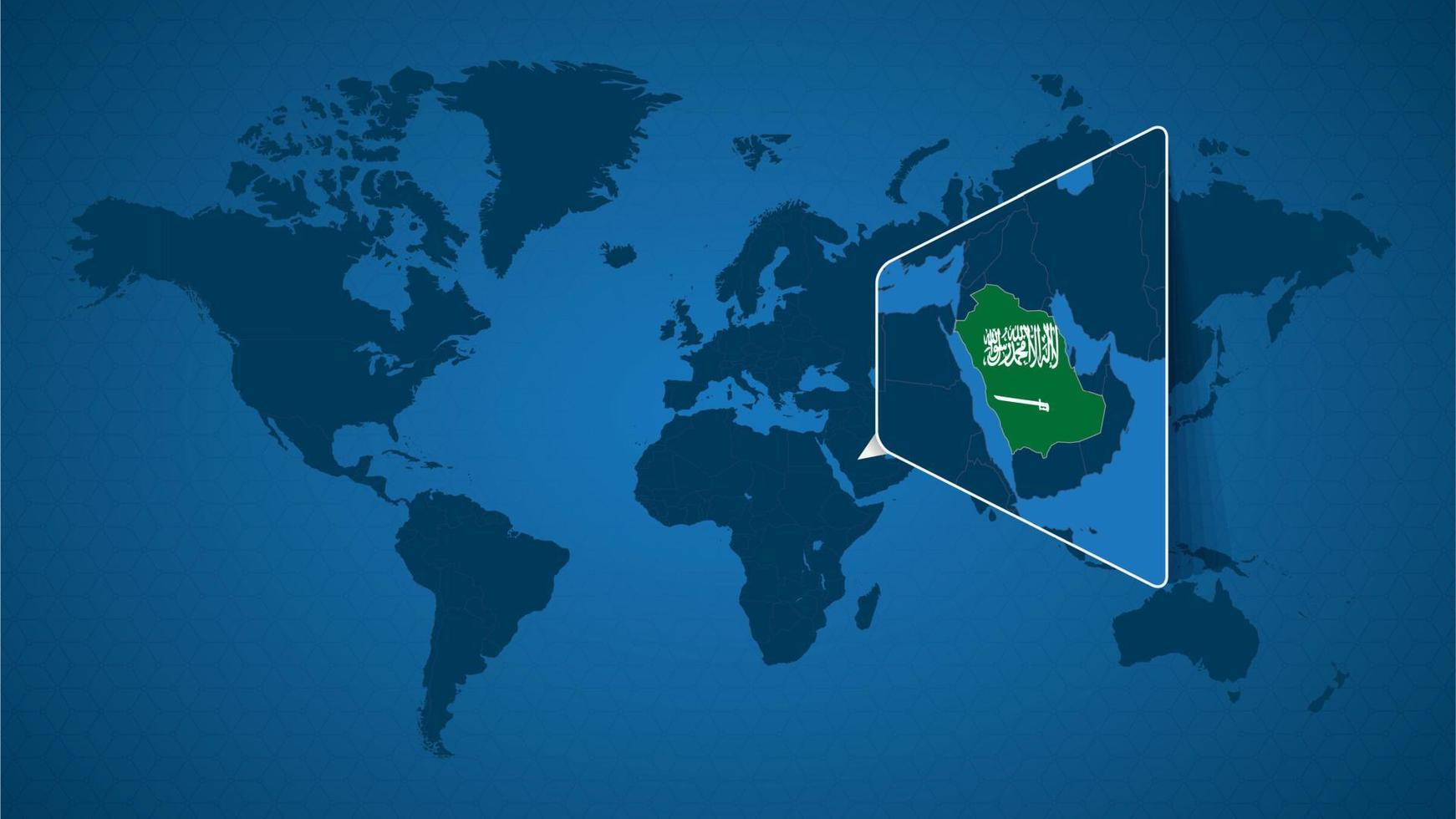 mappa del mondo dettagliata con mappa ingrandita appuntata dell'Arabia Saudita e dei paesi vicini. vettore