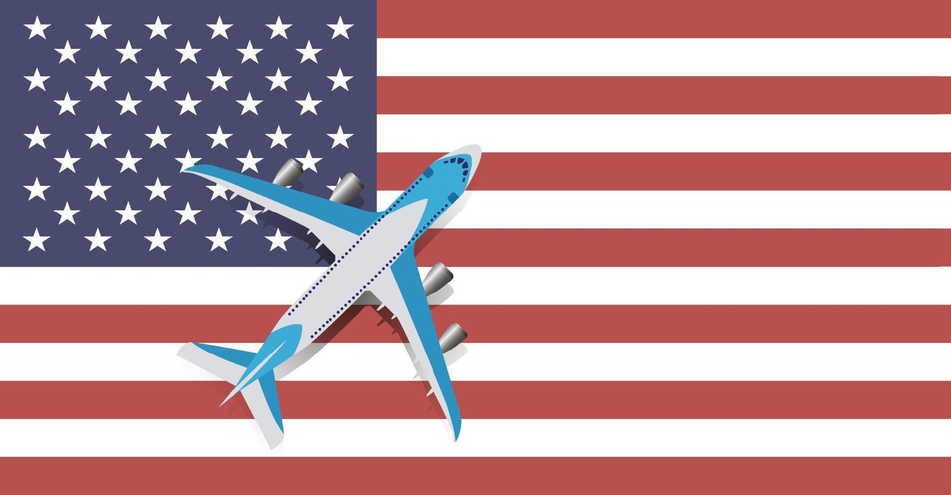 illustrazione vettoriale di un aereo passeggeri che sorvola la bandiera degli stati uniti d'america. concetto di turismo e viaggi