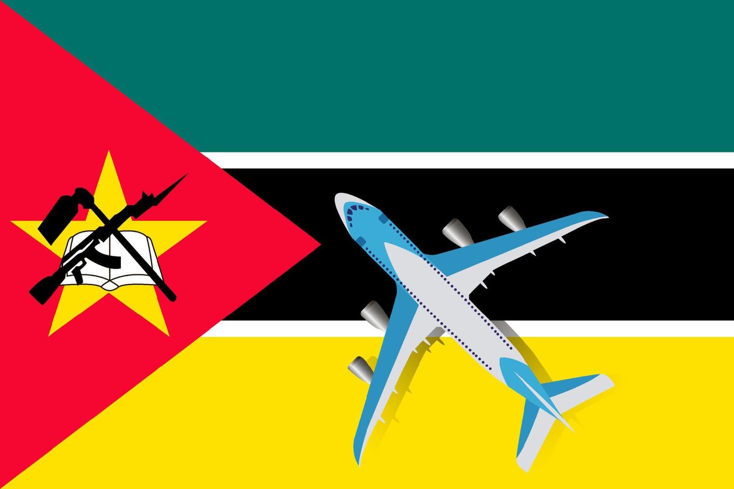 aereo e bandiera del Mozambico. concetto di viaggio per il design. illustrazione vettoriale di un aereo passeggeri che sorvola la bandiera del Mozambico. il concetto di turismo e di viaggio