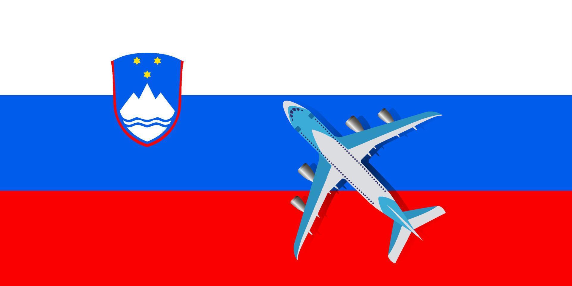 aereo e bandiera della slovenia. concetto di viaggio per il design. illustrazione vettoriale di un aereo passeggeri che sorvola la bandiera della slovenia. il concetto di turismo e di viaggio