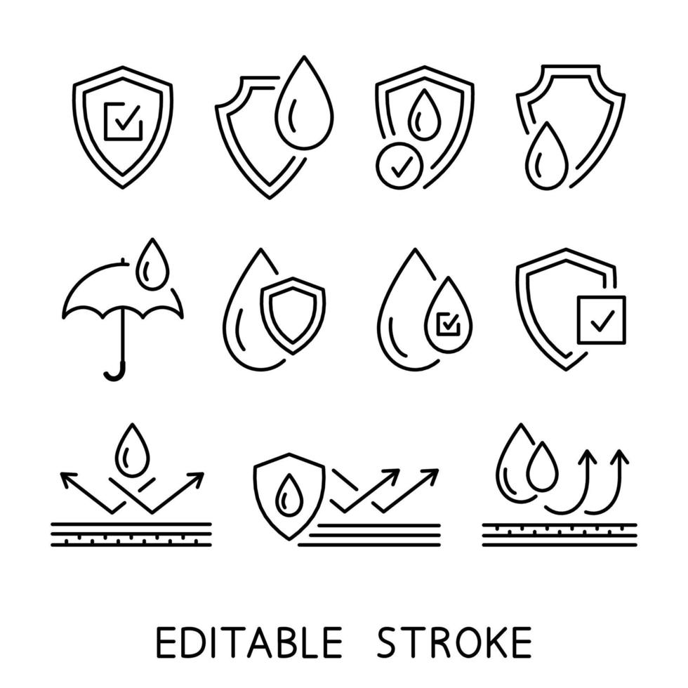 icone impermeabili come scudo, ombrello, strati resistenti ai liquidi. protezione dalla pioggia vettore