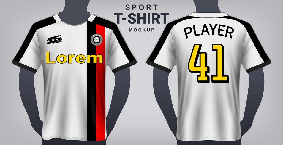 Modello di mockup di maglia da calcio e sport t-shirt, vista frontale e posteriore di grafica realistica per uniformi di kit da calcio. vettore