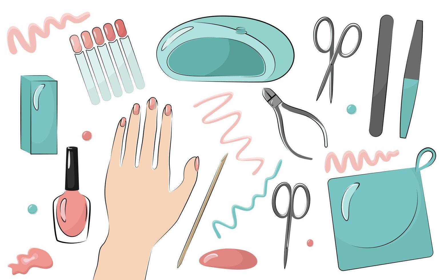 strumenti per manicure e unghie dipinte da donna. lima per unghie, forbici, tagliaunghie, smalto. una serie di illustrazioni vettoriali isolate.
