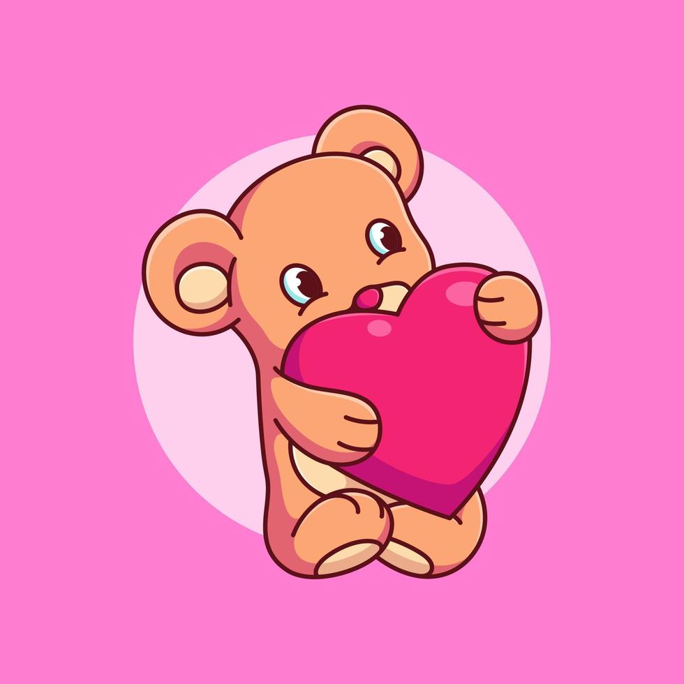 simpatico orsacchiotto che abbraccia amore palloncino illustrazione vettoriale. design piatto del fumetto di San Valentino vettore