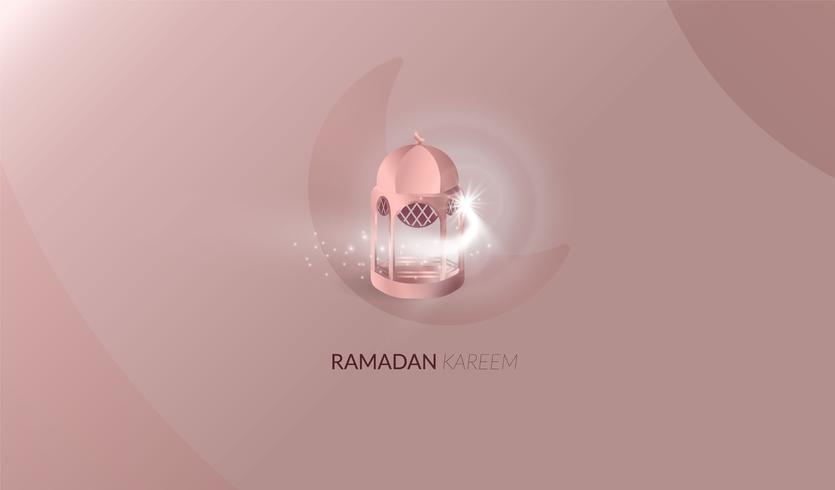 Ramadan Kareem bellissimo biglietto di auguri. Sfondo di Ramadan Kareem con luna, stelle, moschea rosa color oro vettore