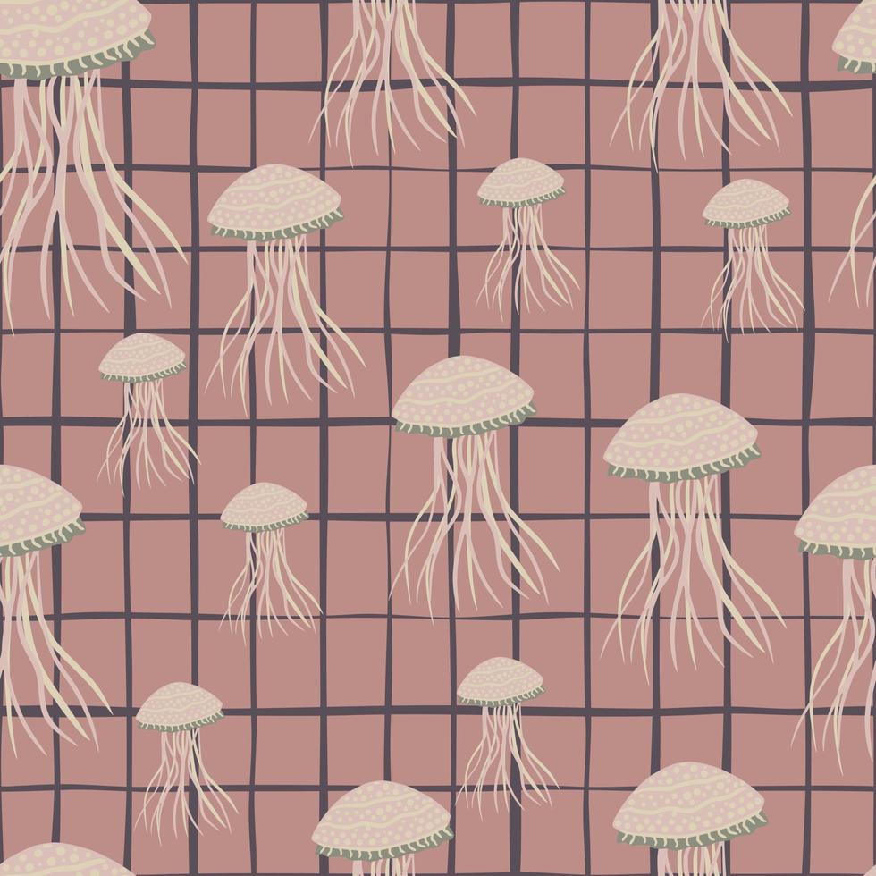 motivo marino senza cuciture casuale con sagome di meduse. ornamento di animali selvatici pallidi su sfondo a scacchi rosa scuro. vettore