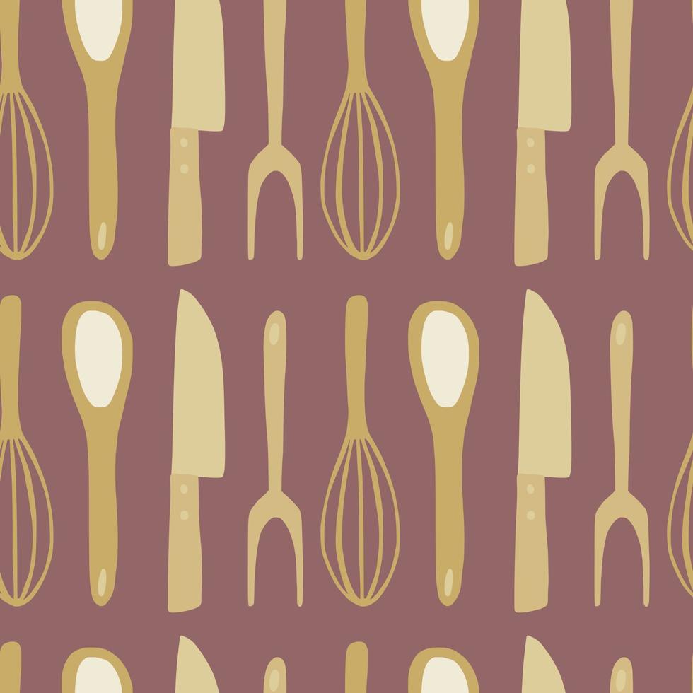 Seamles utensili da cucina doodle pattern. disegno stilizzato di sagome di coltello, cucchiaio, forchetta, corolla nei toni del marrone e dell'ocra. vettore