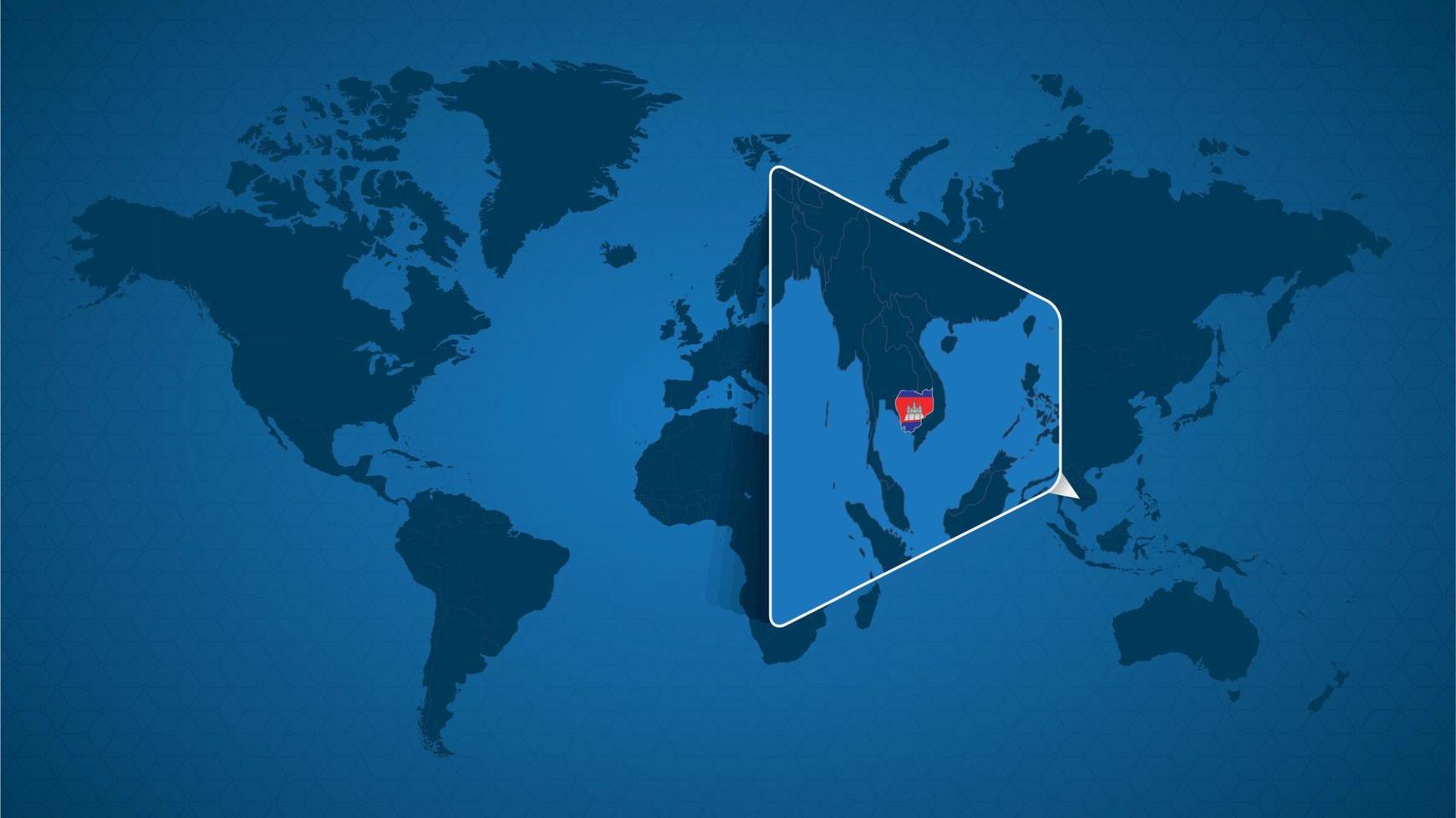 mappa del mondo dettagliata con mappa ingrandita appuntata della Cambogia e dei paesi vicini. vettore