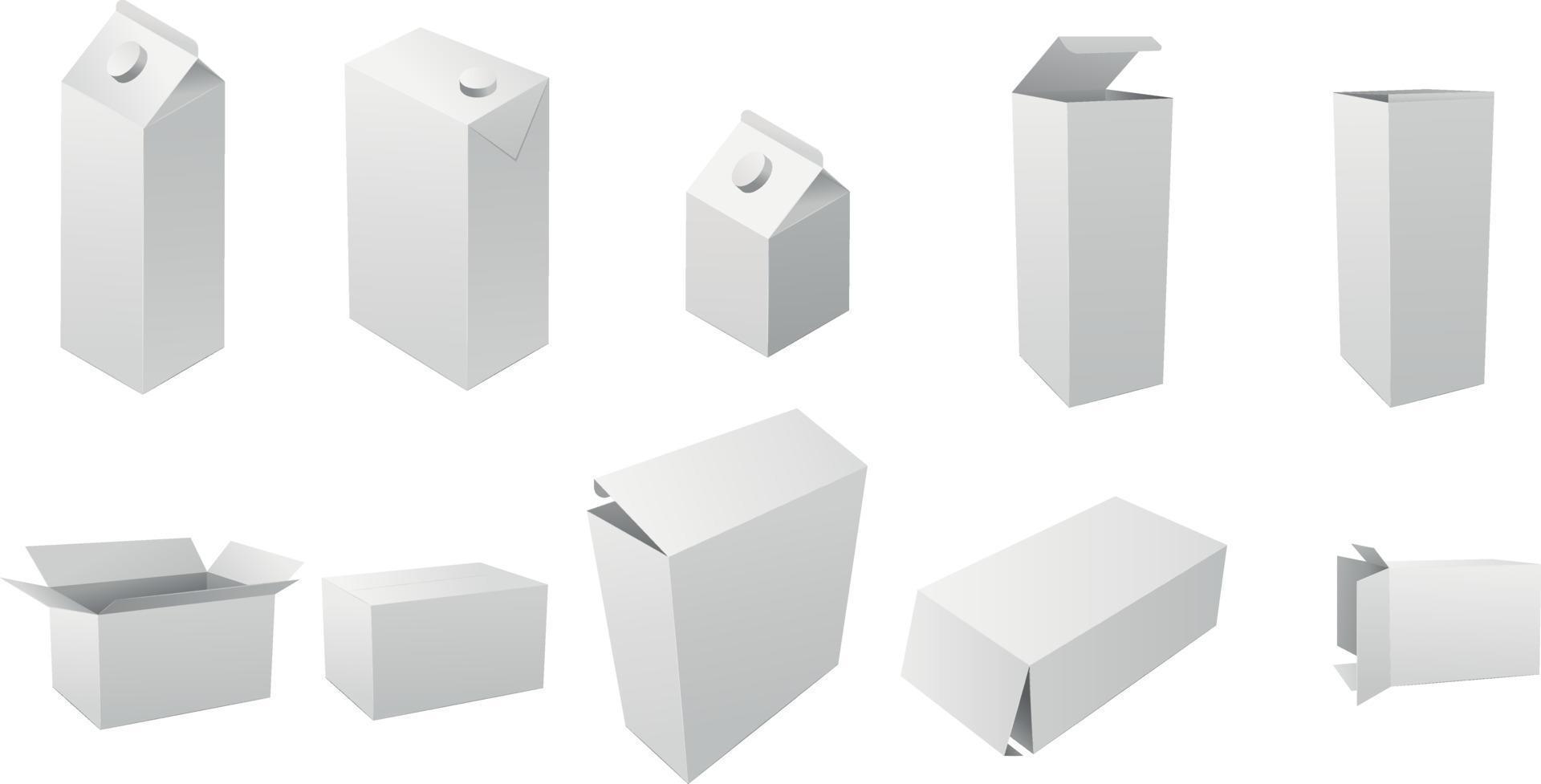 set di imballaggi cosmetici o medici rettangolari in cartone alto verticale realistico, scatole di carta. scatole di latte e succhi di frutta. mockup realistico di una scatola di cartone bianca alta, modelli vuoti 3d. vettore