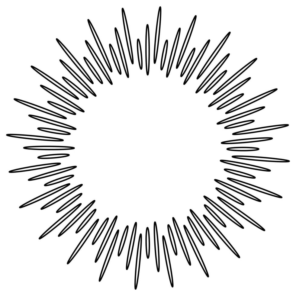 starburst, sunburst disegnato a mano. elemento di design fuochi d'artificio raggi neri. effetto esplosione comica. linee radianti, radiali. vettore