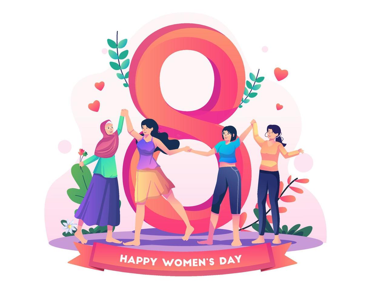 gruppo di donne felici che si tengono per mano celebrando la festa della donna davanti al grande simbolo numero 8. illustrazione vettoriale di stile piatto del concetto di giornata internazionale della donna