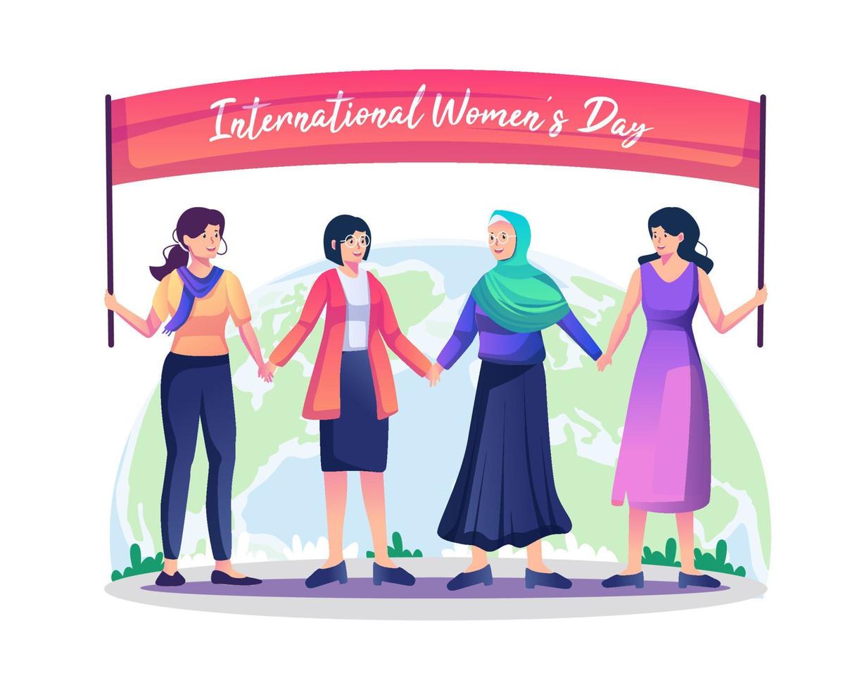 concetto di giornata internazionale della donna con donne diverse e felici che stanno insieme tenendosi per mano, lottando per la libertà, l'indipendenza, l'uguaglianza. illustrazione vettoriale in stile piatto