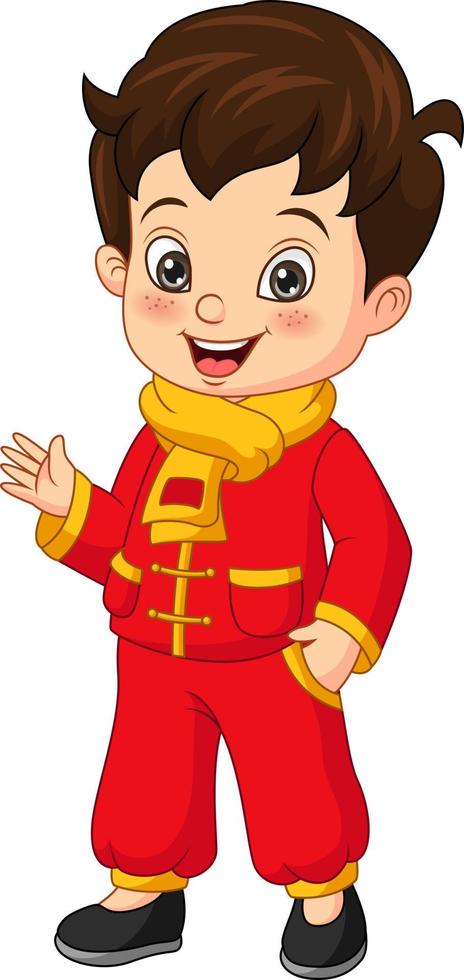 cartone animato felice ragazzo cinese agitando la mano vettore