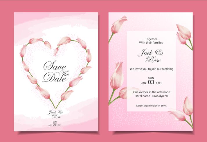 Progettazione moderna del modello delle carte dell&#39;invito di nozze dei tulipani. Tema di colore rosa con bellissimi fiori ad acquerelli disegnati a mano vettore