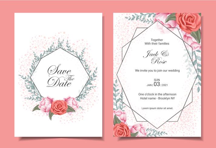 Carte di invito di matrimonio floreale con rose, foglie selvatiche, cornice geometrica e effetto scintilla vettore