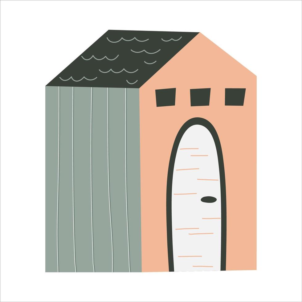 casa scandinava con finestra isolata su sfondo bianco.tetto con camino. design infantile piatto. illustrazione di moda disegnata a mano. casa a schiera colorata con una porta rotonda vettore