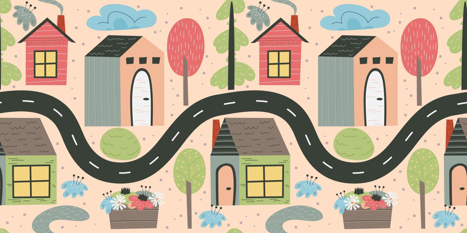 modello senza cuciture della casa scandinava con strada e albero. illustrazione vettoriale disegnata a mano. cottage con finestre e tetto per tessuti per bambini. paesaggio urbano del villaggio con case carine.