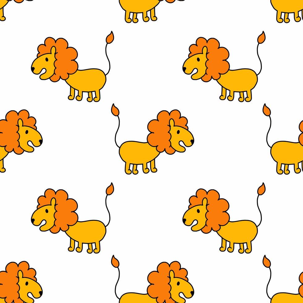 modello di leone carino senza soluzione di continuità. animale africano. illustrazione di doodle di vettore. sfondo per cucire vestiti per bambini e stampa su tessuto. carta da parati per la scuola materna. vettore