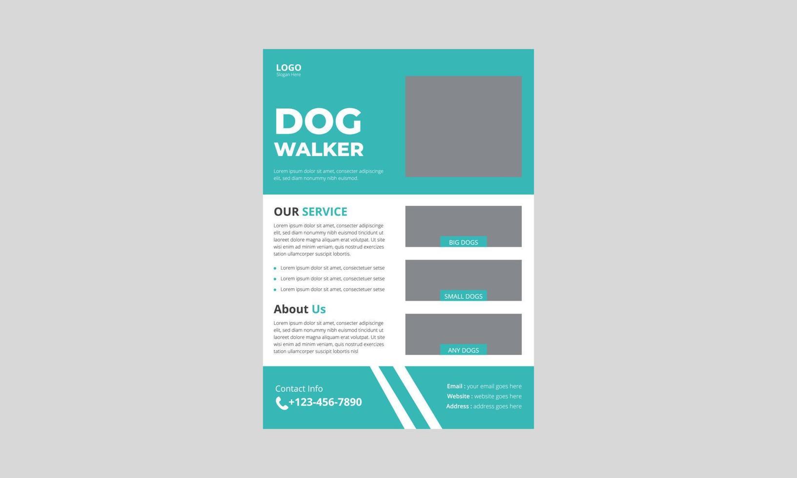 design volantino servizio dog walker. modello di progettazione del volantino del poster del servizio di dog walking. modello a4, design brochure, copertina, volantino, poster, pronto per la stampa vettore