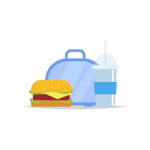 Lunchbox - contenitore del pasto con hamburger e una bevanda. Pasto scolastico, pranzo per bambini. Illustrazione vettoriale in stile piatto