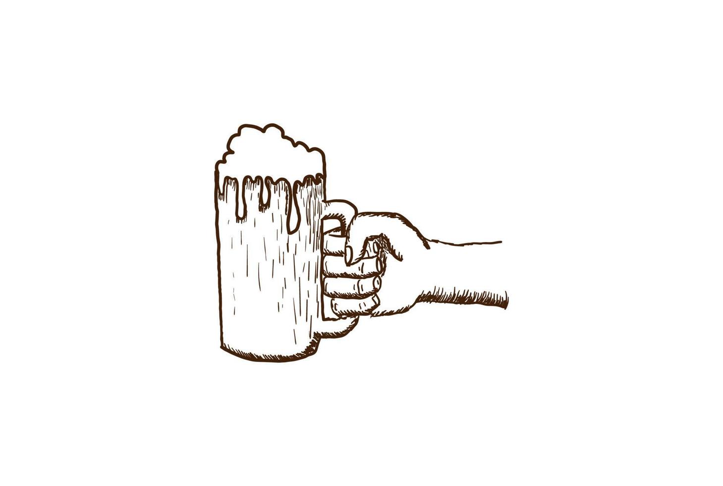 vettore di design del logo in vetro della tazza di birra disegnata a mano retrò vintage