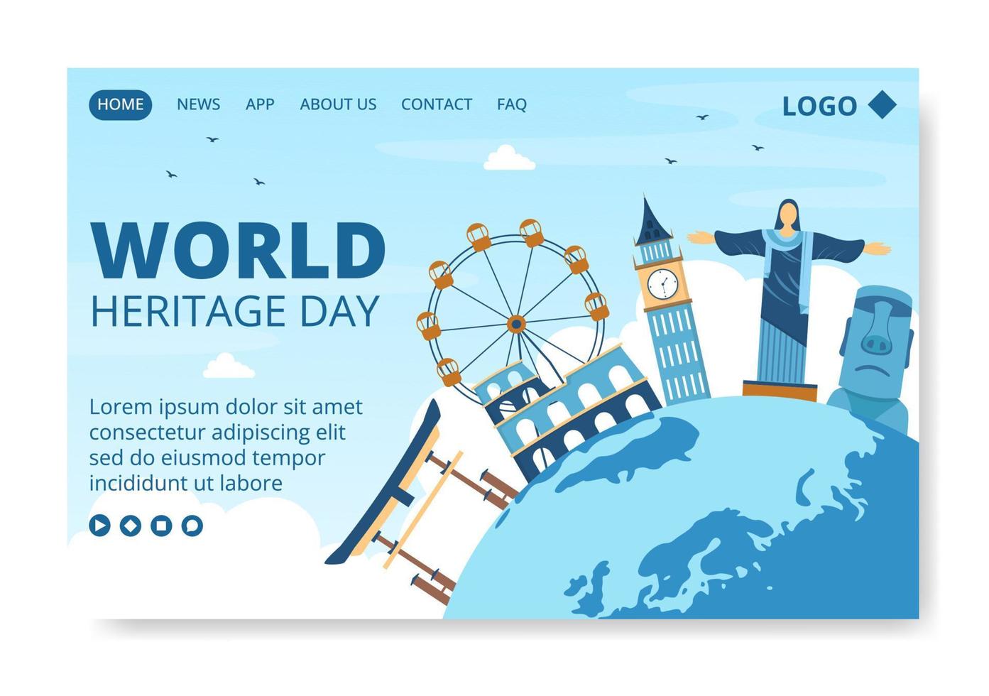 illustrazione di design piatto del modello di pagina di destinazione della giornata del patrimonio mondiale modificabile di sfondo quadrato adatto per social media, biglietto di auguri e annunci web vettore