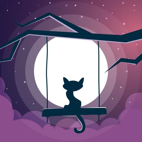 Illustrazione di gatto Paesaggio notturno dei cartoni animati. vettore