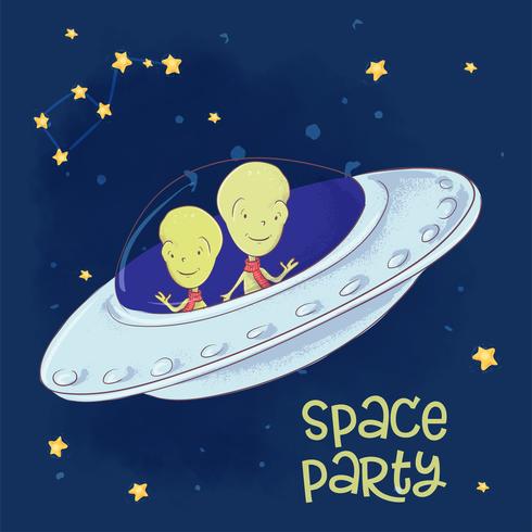 Poster cosmici di poster cartoline in un disco volante. Disegno a mano Vettore