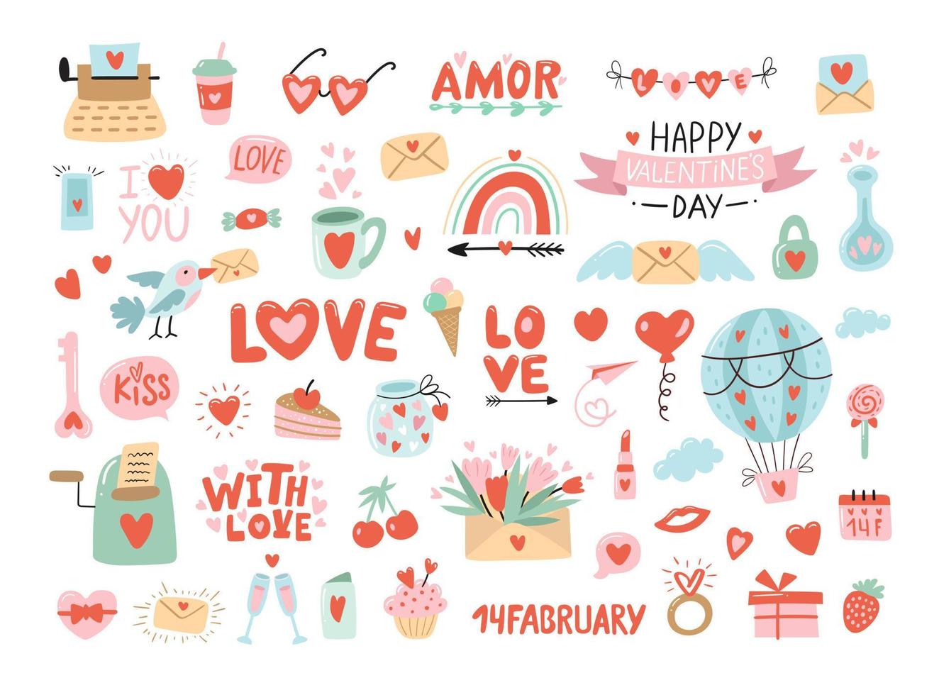 San Valentino con cuore e altri elementi su sfondo bianco. concetto di San Valentino, matrimonio e amore. illustrazioni vettoriali