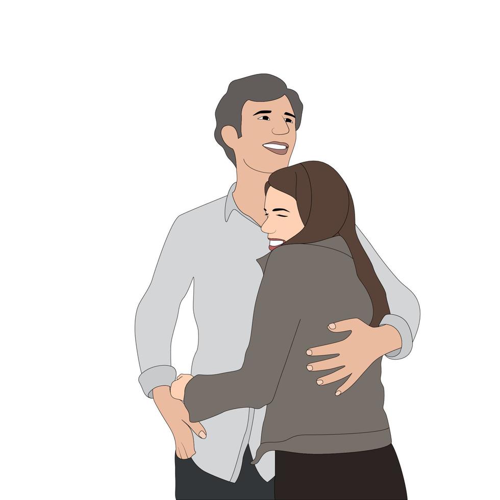 felice giorno di San Valentino, illustrazione vettoriale del personaggio dell'abbraccio della coppia felice su sfondo bianco, illustrazione del personaggio per progetti a tema di giovani coppie come il matrimonio e il giorno di San Valentino.