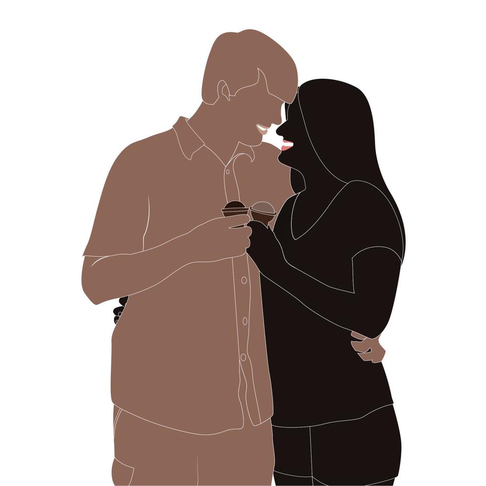 felice giorno di San Valentino, giovane coppia con silhouette vettoriale di gelato su sfondo bianco, illustrazione del personaggio per progetti a tema di giovani coppie come il matrimonio e il giorno di San Valentino.