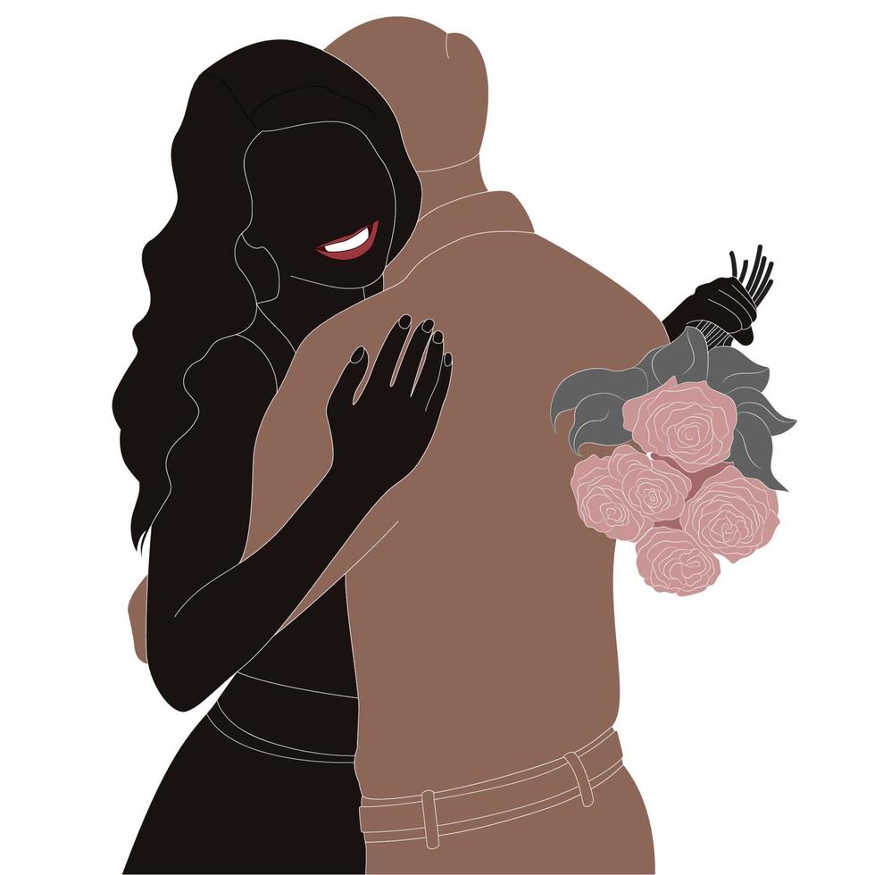 felice giorno di San Valentino, abbraccio di coppia felice con la silhouette del personaggio di fiori di rosa su sfondo bianco, illustrazione del personaggio per progetti a tema di giovani coppie come il matrimonio e il giorno di San Valentino. vettore