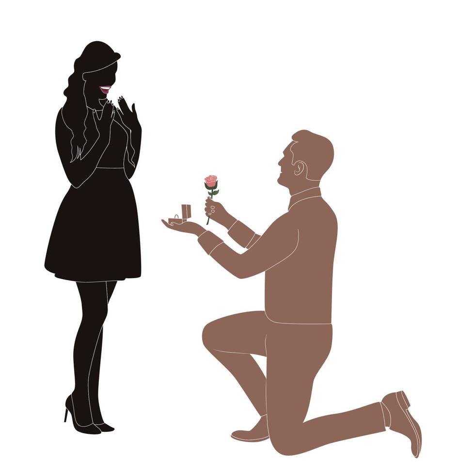 buon san valentino, giovane che propone donne con la silhouette del personaggio rosa e anello su sfondo bianco, illustrazione del personaggio per progetti a tema di giovani coppie come il matrimonio e il giorno di san valentino. vettore