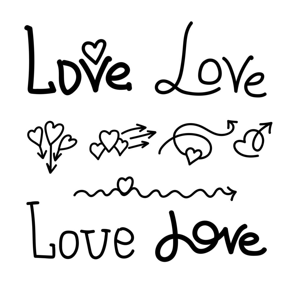 doodle lineare set amore, freccia con cuore e lettering amore per la scrittura. puntatore amore, traiettoria, come. elemento di design vettoriale per social media, San Valentino e disegni romantici