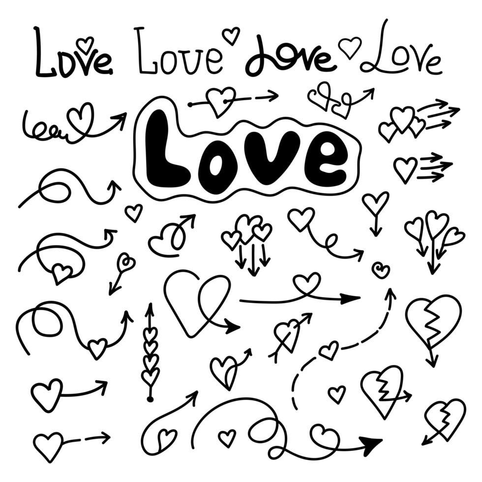 doodle lineare set amore, freccia con cuore e lettering amore per la scrittura. puntatore amore, traiettoria, come. elemento di design vettoriale per social media, San Valentino e disegni romantici