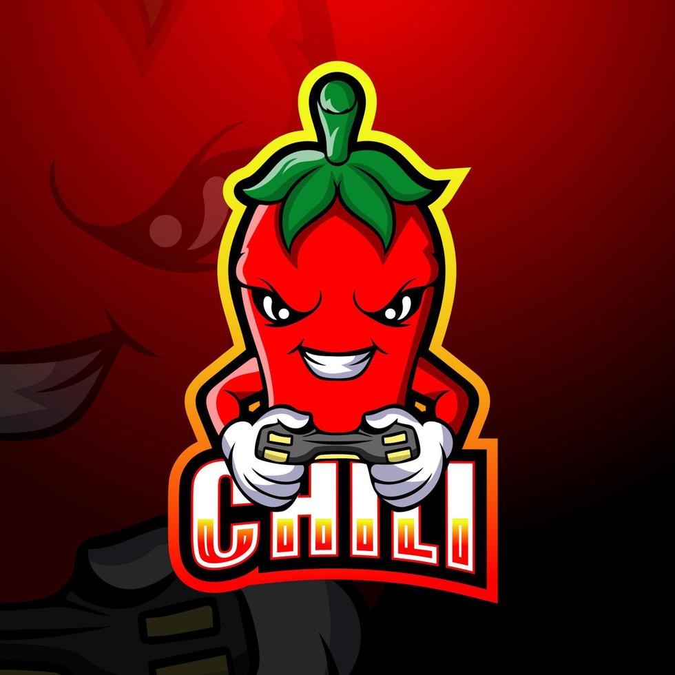 design del logo esport della mascotte del giocatore di peperoncino rosso vettore